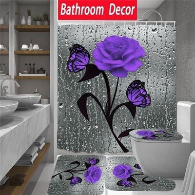 Blooming Flowers Rose Butterfly Shower Curtain Set Waterproof Bathroom Toilet Seat Cover Bath Non-Slip Mat Rug Carpet Bath Decor