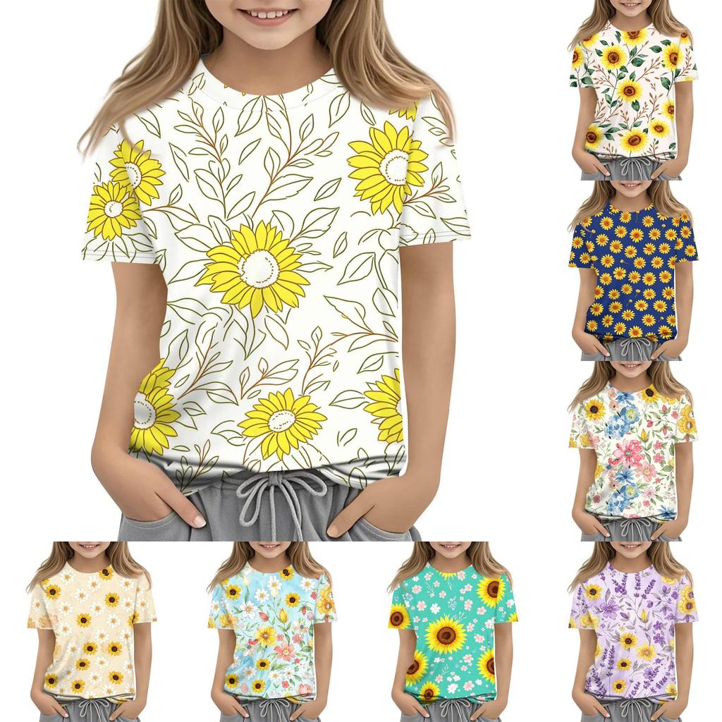 Girls Floral Print Short Sleeve T Shirt Casual Loose Fit Crew Neck Top Lightweight Comfortable Summer Tee for Kids