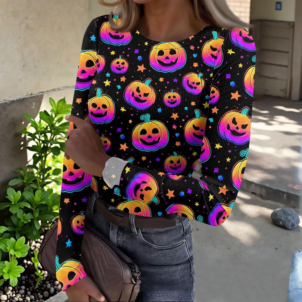 Women's Casual Long Sleeve Ribbed Top Halloween Print Round Neck Stretchy Slim Fit Pullover Shirt for Fall and Winter