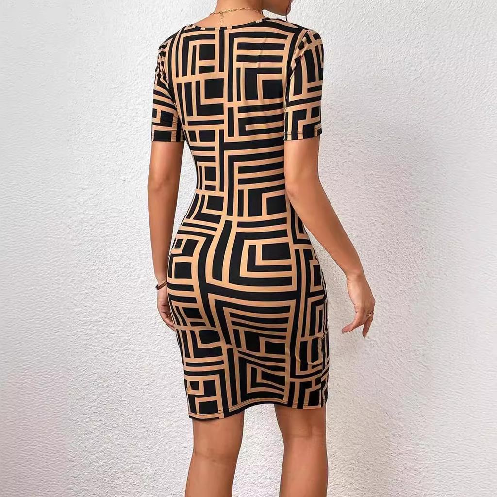 European and American New Printed Slim-fitting Short-sleeved Dress