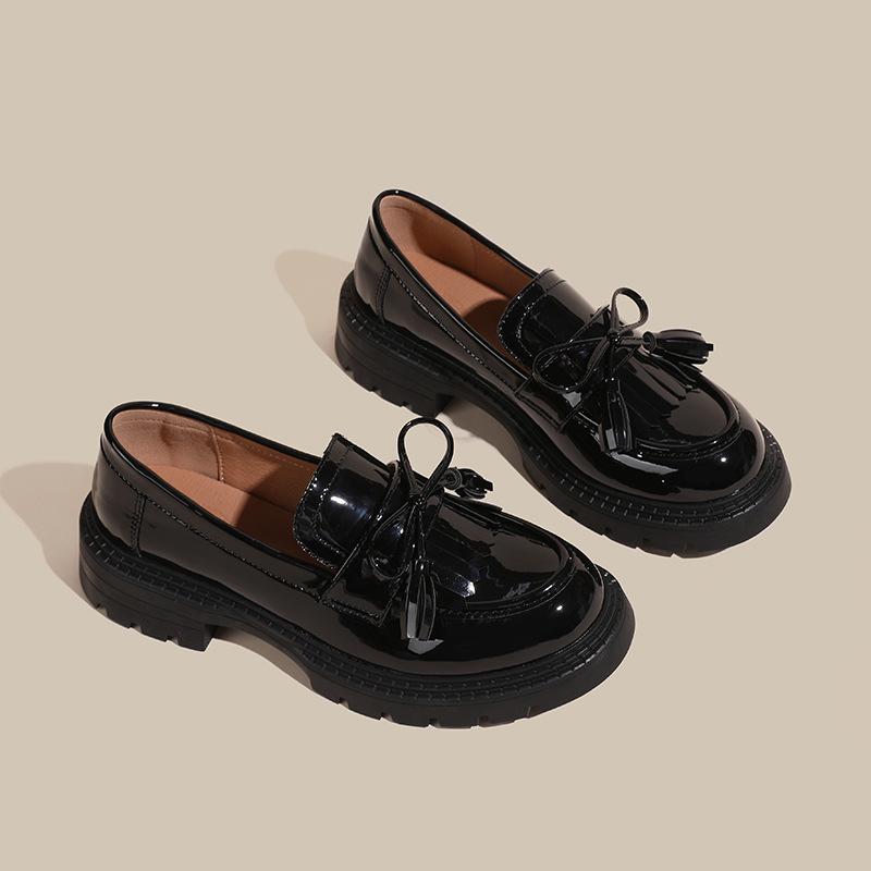 

Новые лаковые туфли-лодочки, универсальные маленькие кожаные туфли, женские с бахромой и бантом, повседневные, на одном педале, большого размера-4 43 чёрный