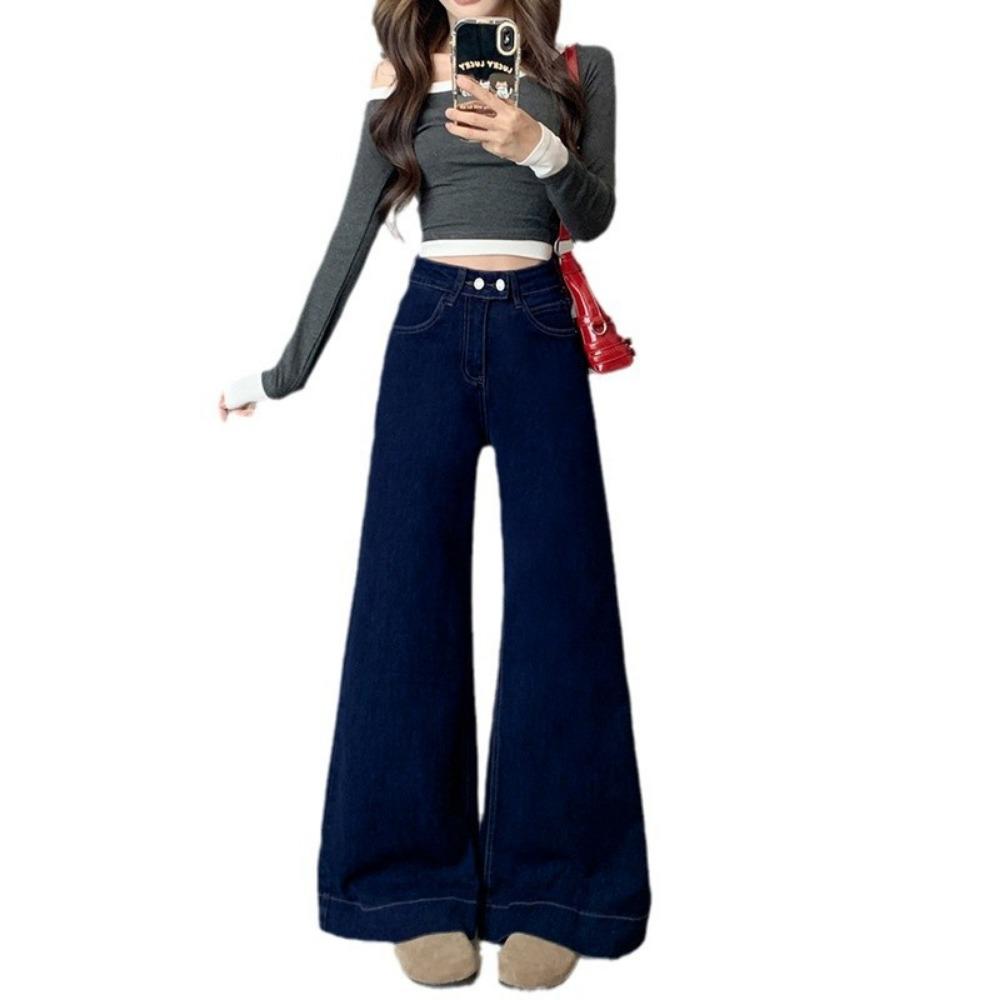 Personalisierte Street-Jeans mit doppelter Schnalle, weites Bein, Damen, Frühling und Herbst, neue lockere, bodenlange Mode-Jeans