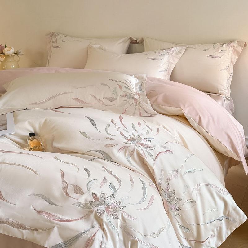 Set di biancheria da letto di lusso 4 pezzi in cotone a fibra lunga 100S, Copripiumino Ricamato 100% Cotone con Lenzuolo Sotto, Ultra Morbido e Liscio per Dormire a Pelle