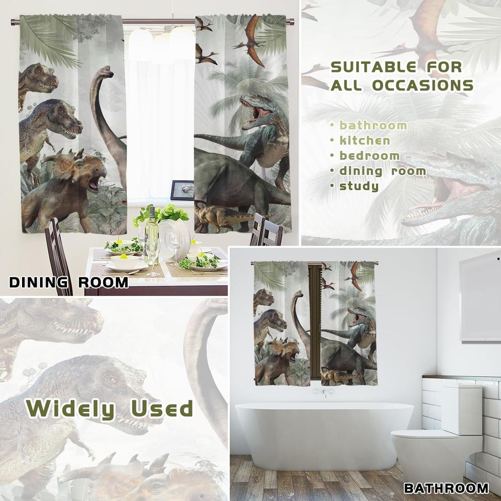 Dinosaur Window Curtains Jurassic Dino Boys Kids Girls Animals Nature Wild Forest Leaf Cute Teen Room Drapes Curtain Made Of Polyester With Rod Pocket