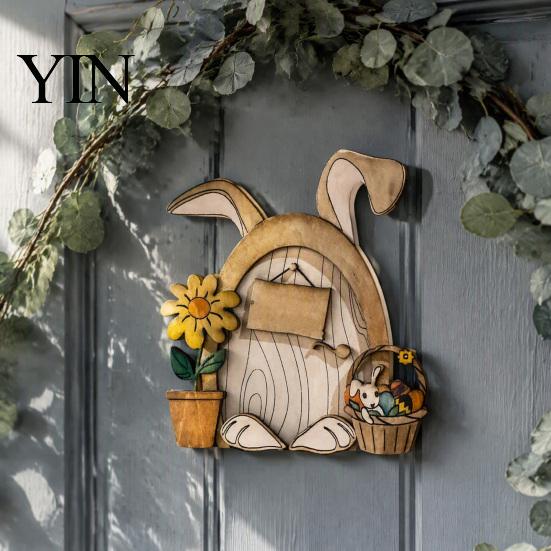 Hand Painted Rabbit Decorations Wooden Fairy Door Decor, 2D Gnome Elf Ornament, Bunny Mushroom Springtime Living Room Embellishments Wood Craft, House