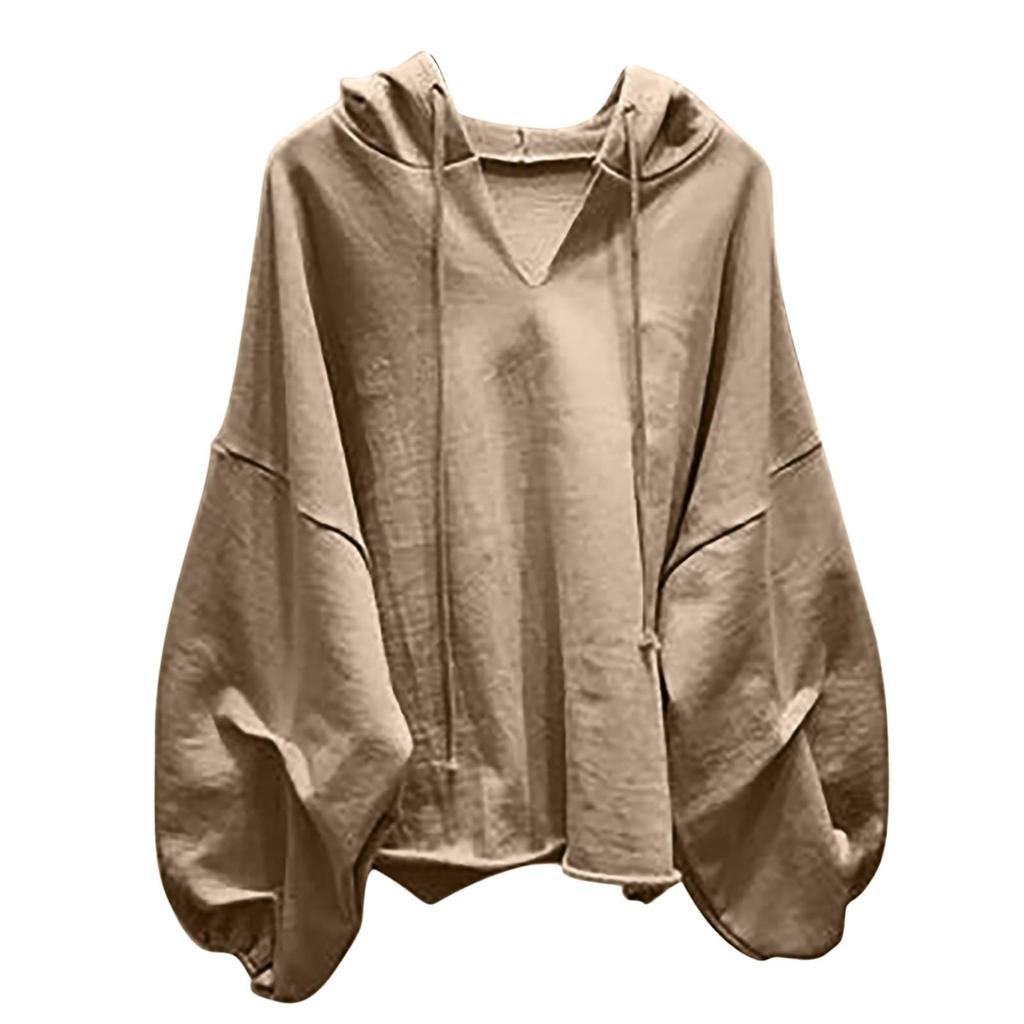 Women's Fashion Casual Solid Color V-Neck Hooded  Loose Long Sleeve Sweatshirt