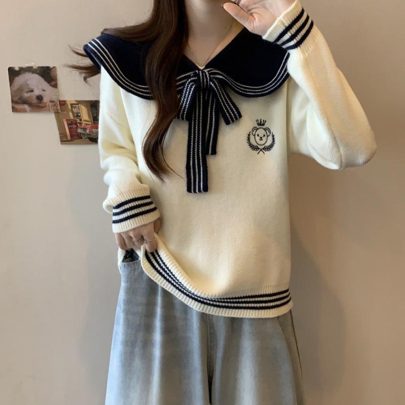 

Осень и зима Матросский воротник Колледж Ветер Отдел Матросский воротник Маленький свежий дизайн Свободный Вязаный свитер с вышивкой медведя Волосы One size