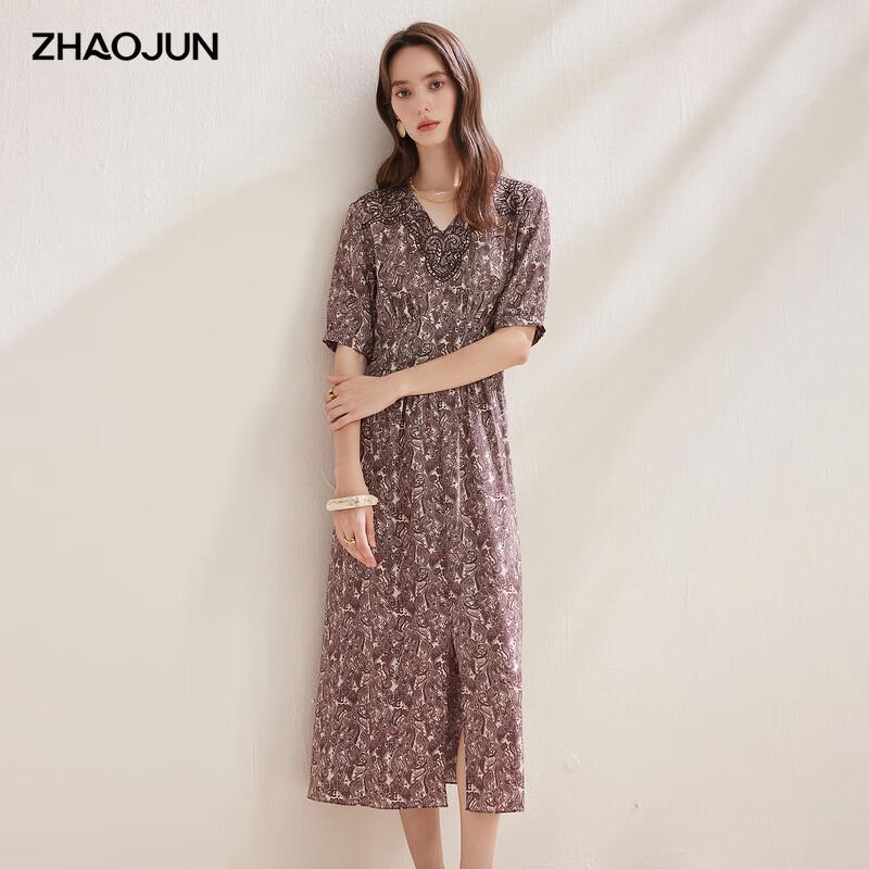 Zhaojun 2026 S/S Women s Mulberry Silk Printed Midi Dress with Cinched Waist L