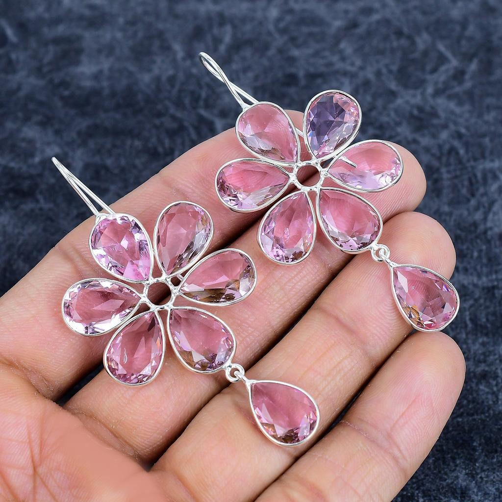 Pink Kunzite Gemstone Handmade 925Sterling Silver Jewelry Earring 2.76" M-3148