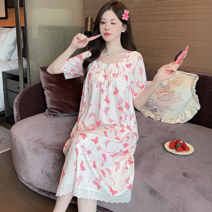 5XL Plus Size Women's Nightgowns Summer Pajamas Korean Style Bubble Short Sleeve Sleep Dress Soft Comfotable Loungewear