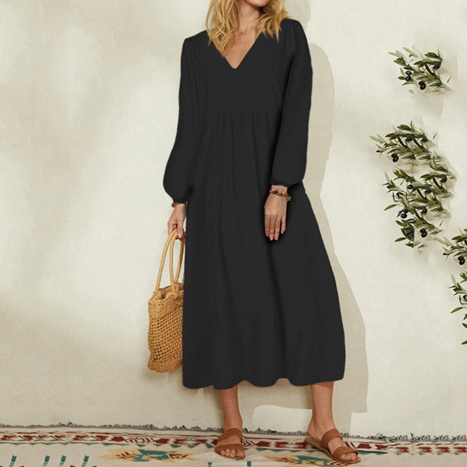 Women s Summer And  Fashion V-neck Cotton Linen Loose Sleeves Long Sleeve Dress L чёрный