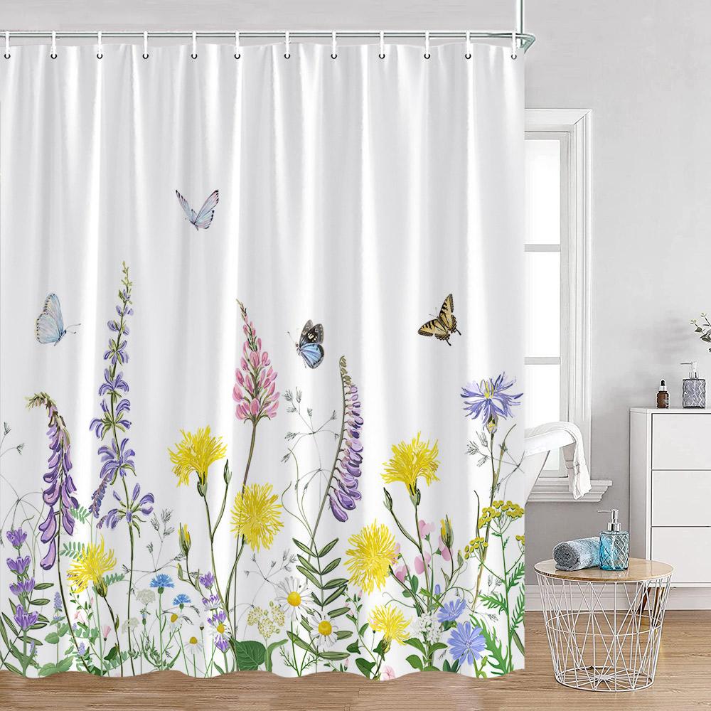 

Watercolor Flowers Shower Curtain Plants Green Leaves Butterfly Greenery Bathroom Decorations Polyester Fabric Bath Curtain W60H190(CM)-1 Pcs