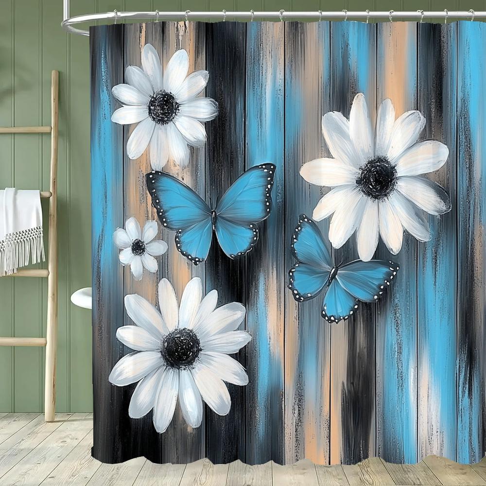 Blue Butterfly Floral Shower Curtain, Bathroom Decorative Shower Curtain, Printed Polyester Fabric Shower Curtain with Hooks