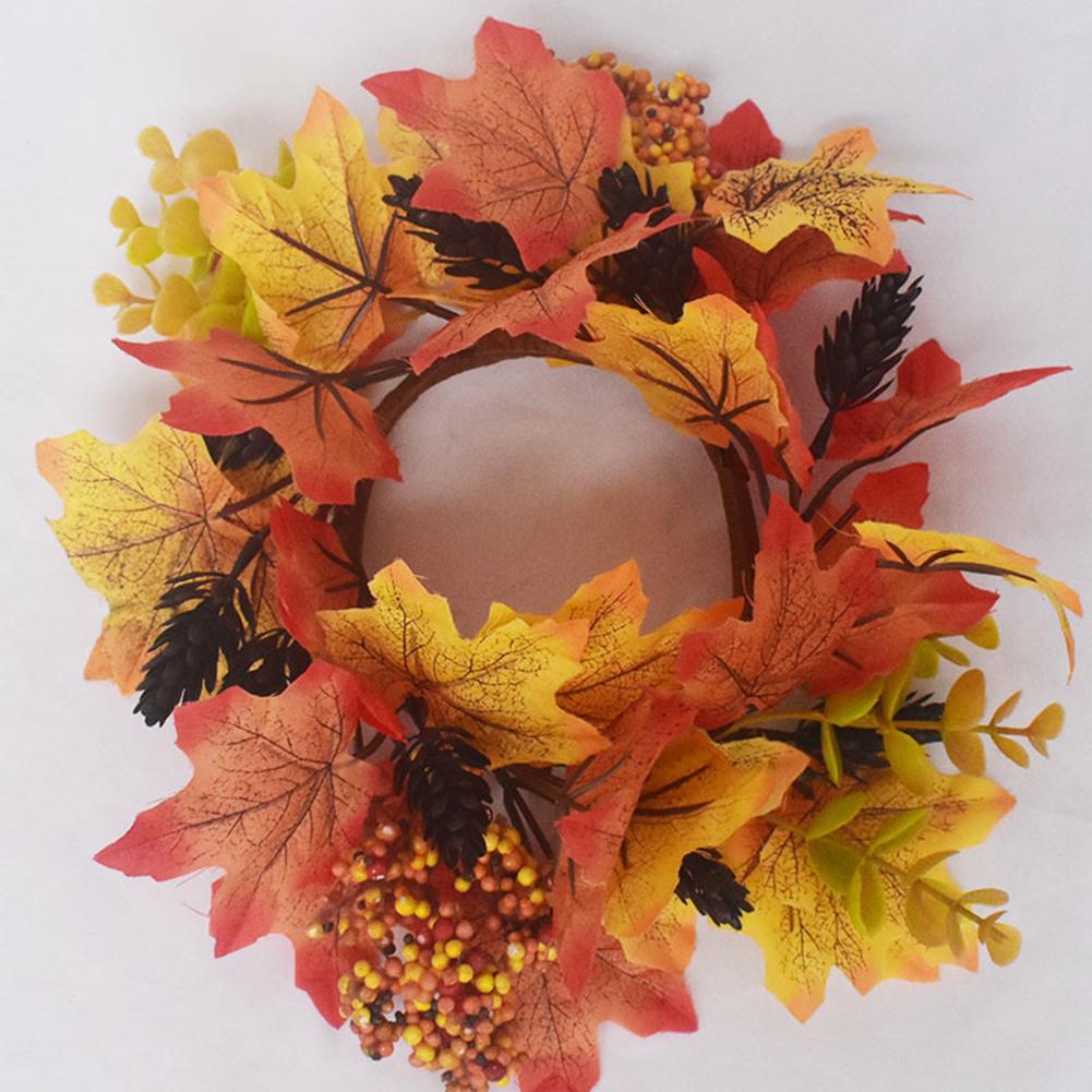Artificial Maple Leaves Wreath With Berries Sunflowers Candle Rings For Farmhouse Fall Thanksgiving Wedding Centerpiece Table Door Decor