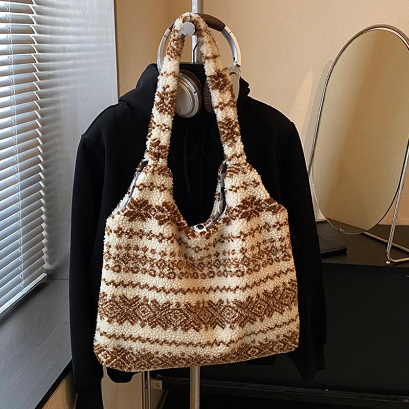 Women's Striped Plush Shopper Tote Bag Lightweight Large Capacity Ethnic Style Shoulder Bag Fluffy Casual Winter Underarm Bags
