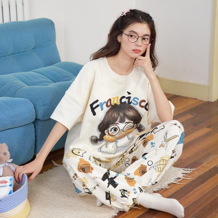 Women's Cotton Pajamas Summer New Sle Ort Sve Long Pants Large Size Cartoon Cute Sweet Home Leisure Suit Set Casual Fasion