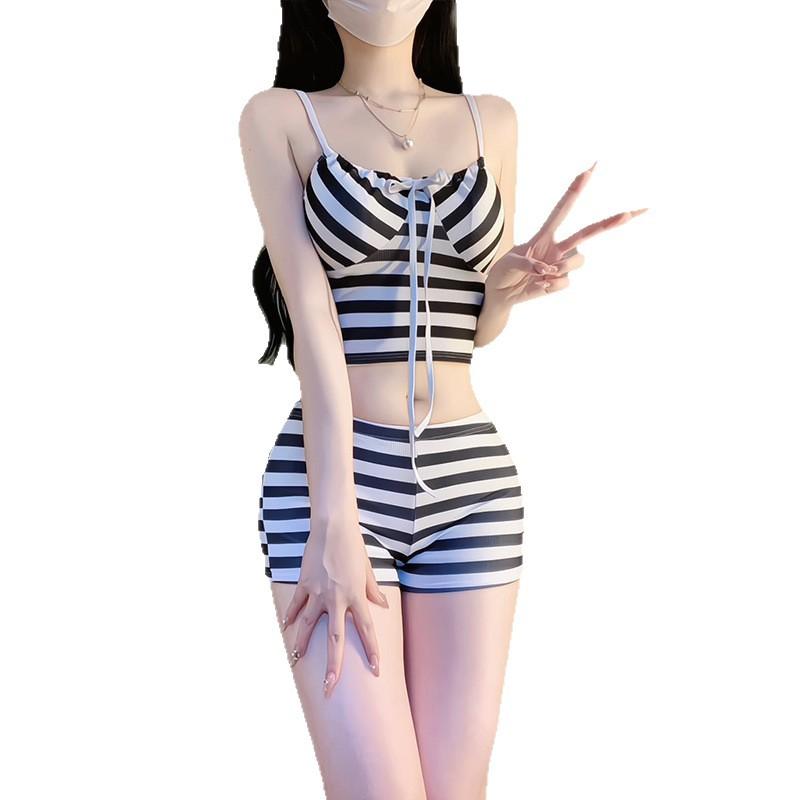 Korean vacation Want sweet striped swimsuit female sexy split blouse high waist to cover belly and show thin sunscreen swimsuit