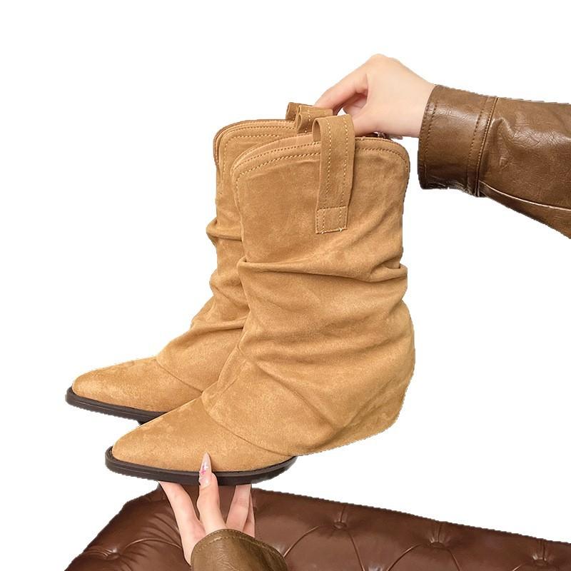 Yueyu versatile thick heel pointed trouser tube boots fried street small short boots women's spring and autumn 2025 new hot girls pile boots