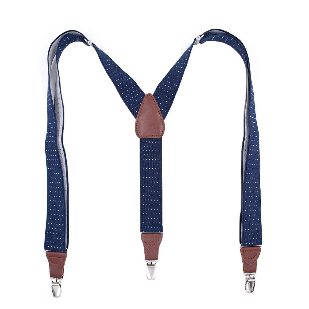Men Elastic Y-Back Suspenders Stripe Dots Pattern 3 Clips Heavy Duty Trouser Braces