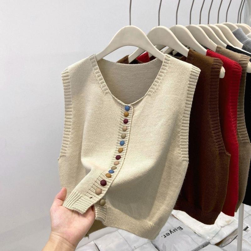 Premium Gray Knitted Waistcoat Women Spring Chic Rainbow Button Vest Cardigan Sweater