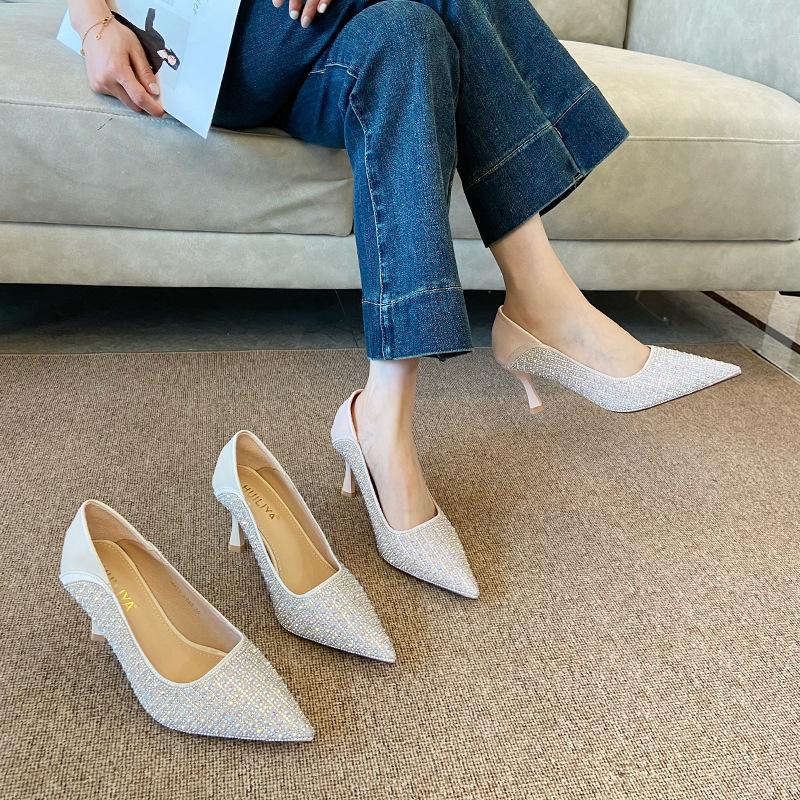 Damen-Pumps mit hohen Absätzen, spitz, Strass, flacher Ausschnitt, hohe Absätze, 2025 neu, Frühling, vielseitiger Rock, Brautschuhe, Brautjungfernschuhe