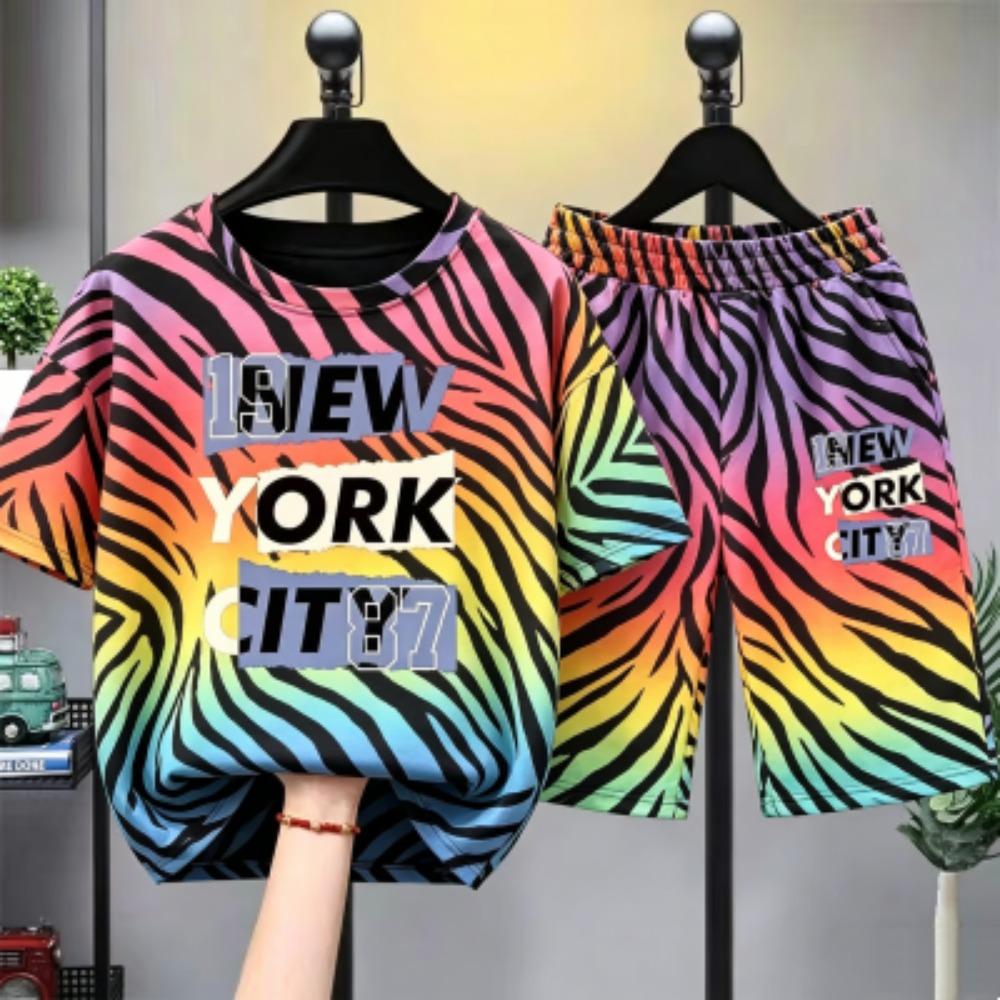 Camouflage Zebra Stripe Letter Printed Women's T-shirt and Shorts 2 Piece Set Summer Home Outdoor Casual Outfit for Men's and Women's T-shirt Set