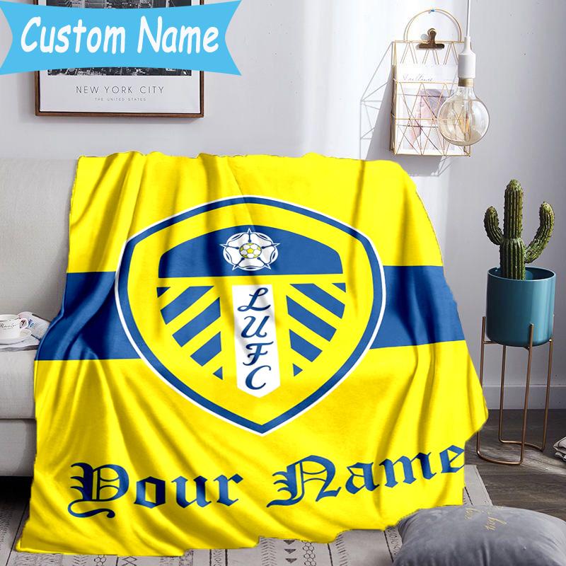 Custom Name Leeds United Crest Design Flannel Blanket, Use for Birthday/Holiday Gift, Soft Blanket for Sofa/Bed/Camping/Office, Home Decor