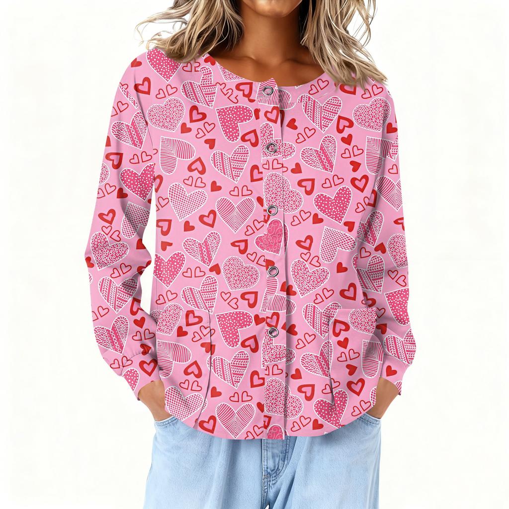 Women Long Sleeve Printed Pocket Working Stand Collar Single-breasted Protective Overalls Cardigan Jacket Top