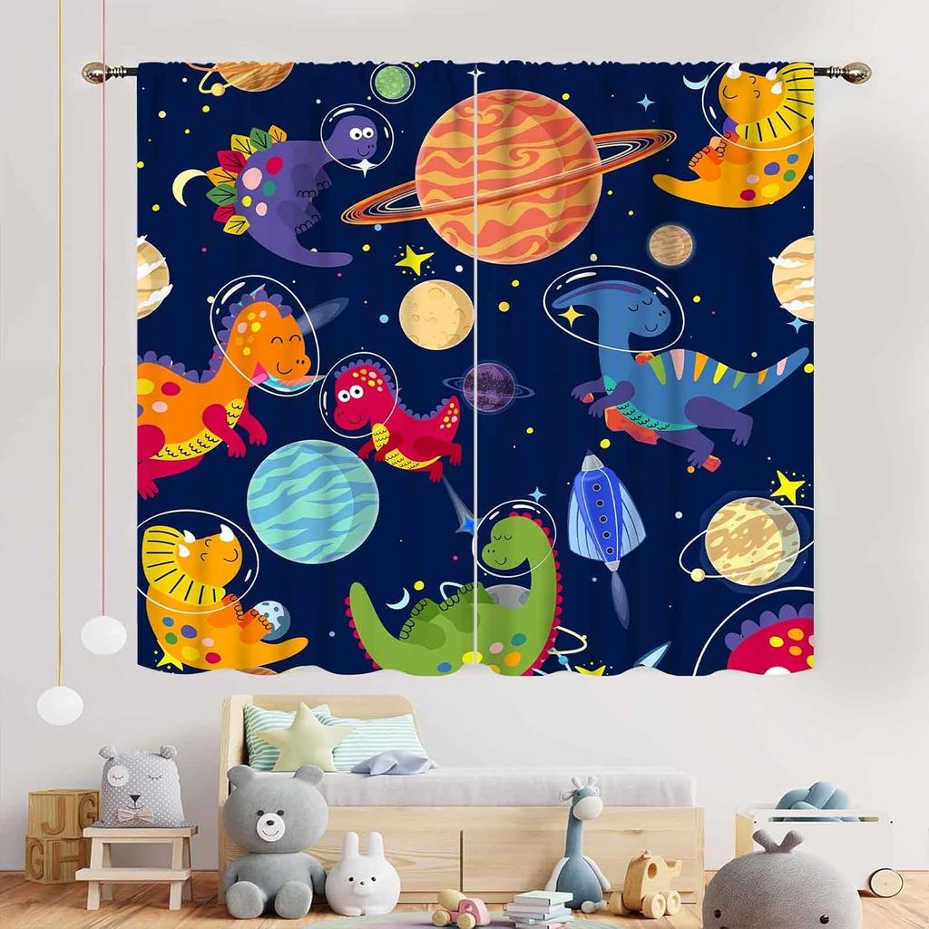 Dinosaur Curtains Boys Room Cartoon Dino Navy Blue Safari Animal Outer Space Planet Astronaut Theme Baby Window Curtain Blackout Polyester