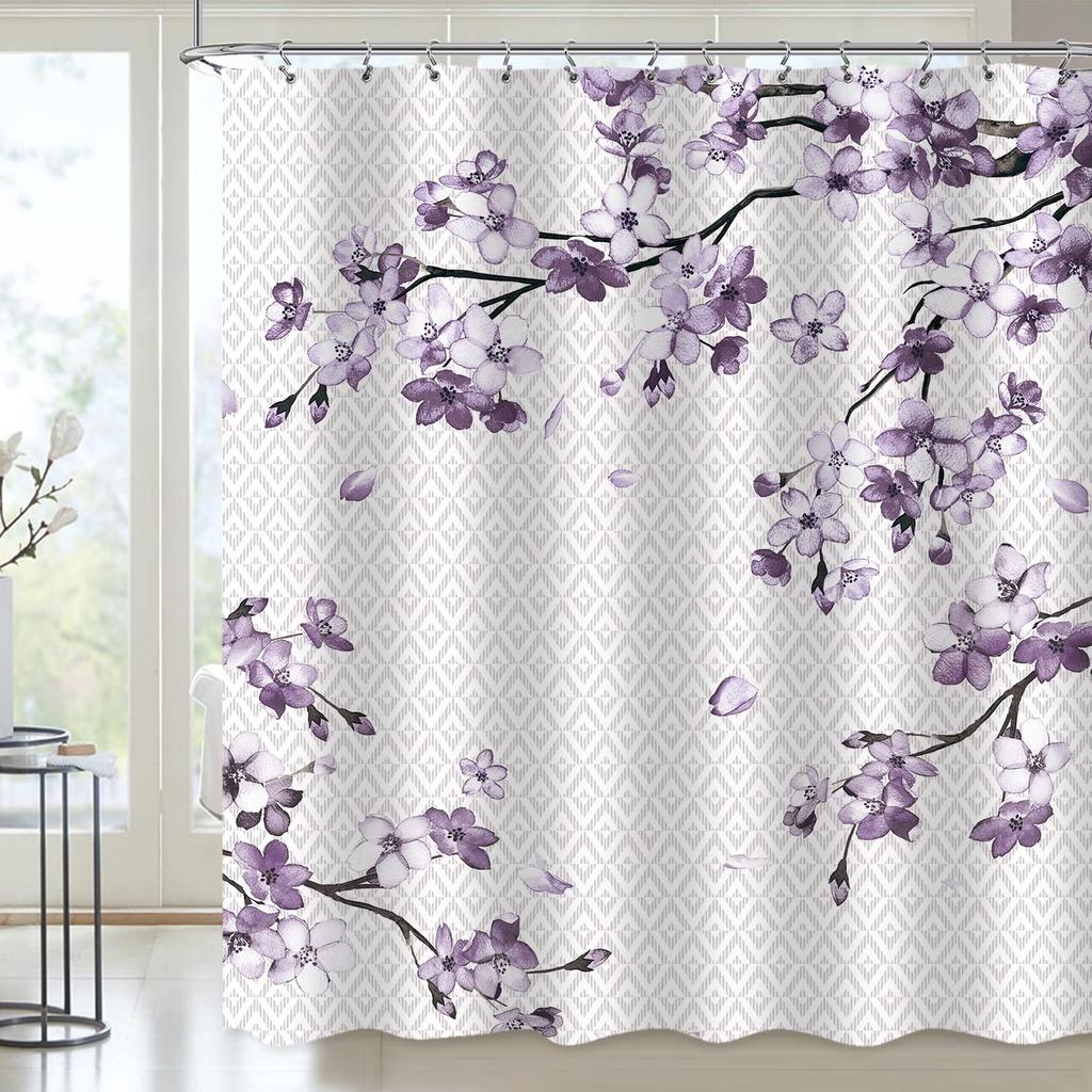 Pink Cherry Blossom Shower Curtain Retro Floral Sakura Plum Blossom Blooming Flower Spring Flower Geometric Bathroom Accessories