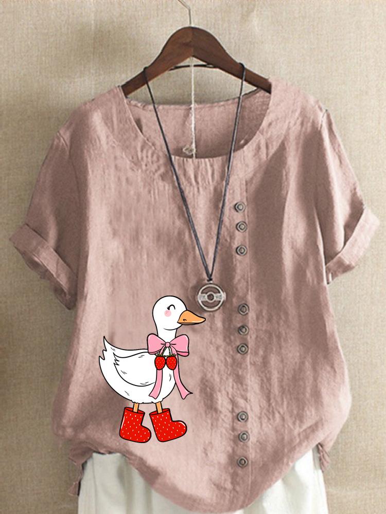Women s Fashion Cute Duck Print Round Neck Short Sleeve T-shirt Casual Cotton Linen Graphic Shirt Leisure Loose Summer Blouse Tops S