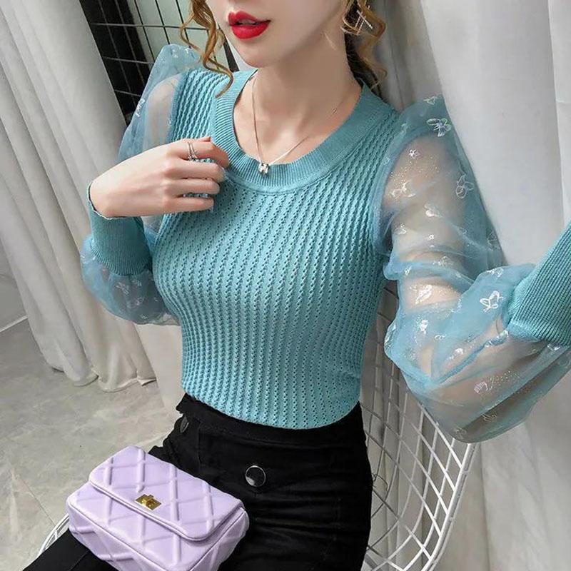 Women's Spring and Autumn Long Sleeve Puff Sleeve Bottoming Shirt Round Neck Slim Top