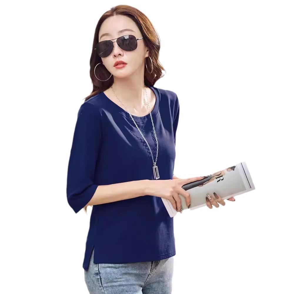 Women's Summer T Shirt Women Cotton O-Neck Streetwear Tshirt Short Sleeve Solid Color Three Quarter Sleeve Tee Shirt Femme Sexy