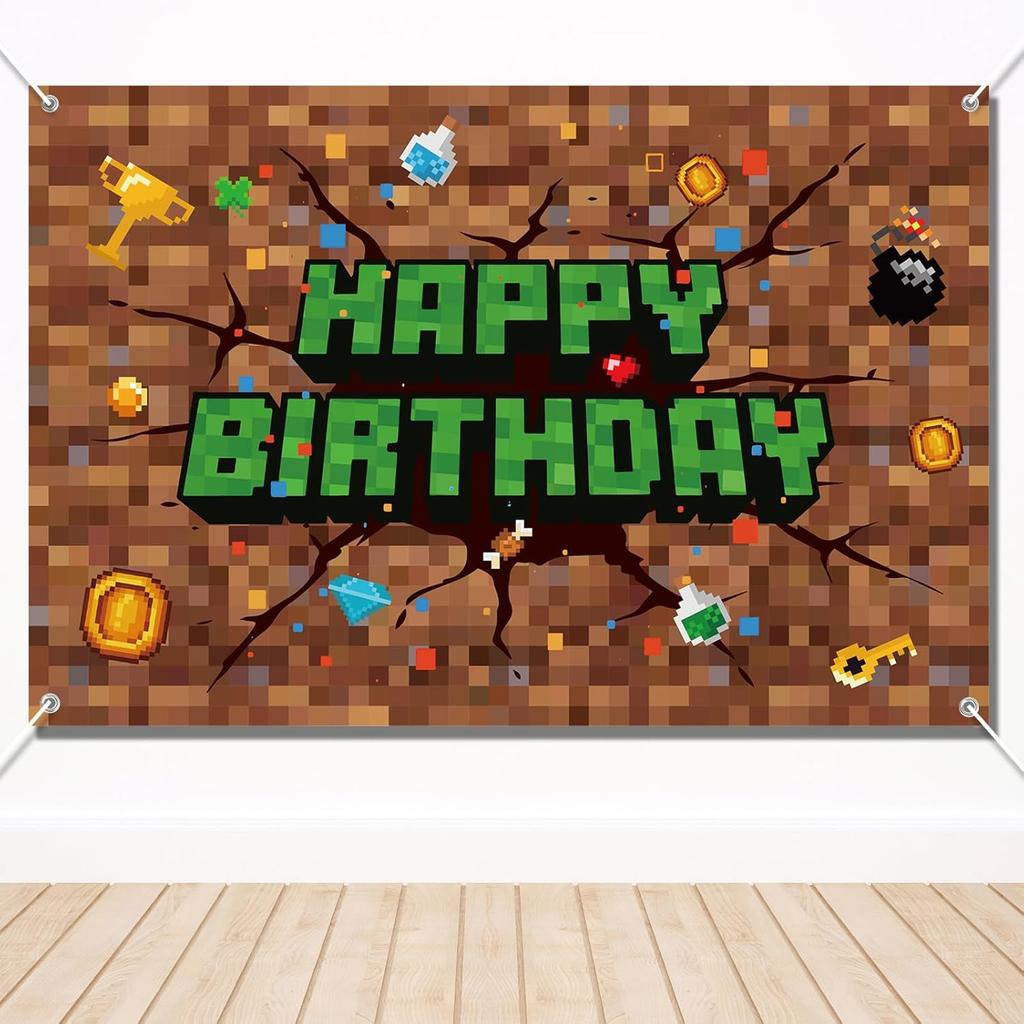 Pixel Birthday Decorations, 5x3 ft Happy Birthday Banner Backdrop for Miner TNT & Pixel Themed Celebration Kids Boys Game Party Supplies