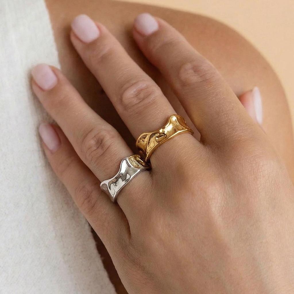 18K Gold-Plated Irregular Embossed Open Ring - Stainless Steel, Fade-Resistant