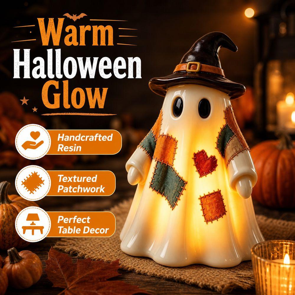 Resin Halloween Light Up Ghost Figurine Warm LED Light Battery Operated Halloween Ghost Figurine Patchwork Ghost Lamp