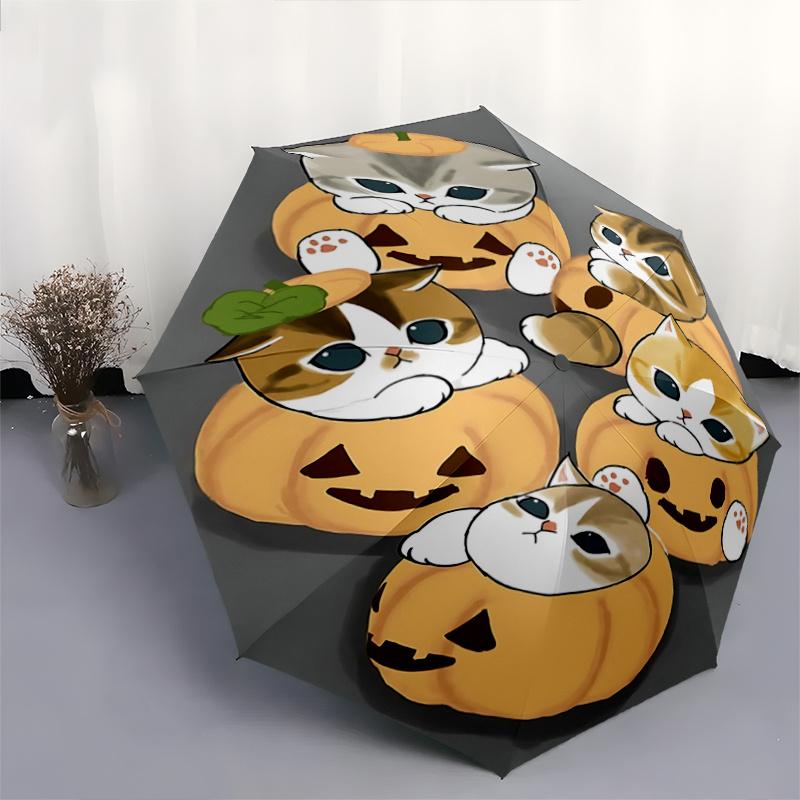 1pc Pumpkin Kittens Pattern Umbrella, Fashionable, Personalized, High-Value Folding Umbrella, a Must-Have for Summer, 8-Rib Durable Iron Fra