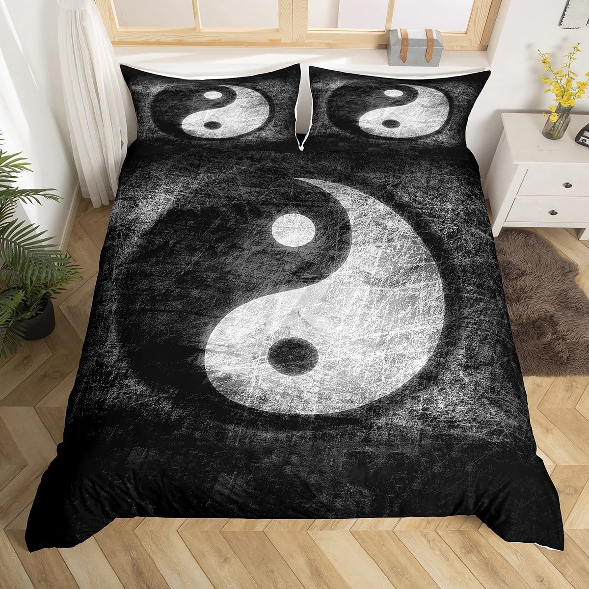 Zwart-wit dekbedovertrekset Bohemien Mandala beddengoedset voor kinderen Kind Yin en Yang Polyester dekbedovertrek Kingsize EU single(135x200cm)