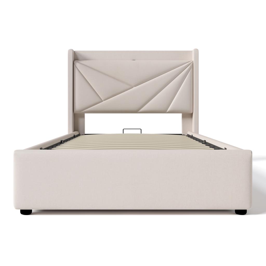 Upholstered Bed, Storage Bed Drawer with USB Type C Charging Headboard, Linen Material Bed Frame, Youth Bed 90x200 with Slatted Frame (With Mattress)