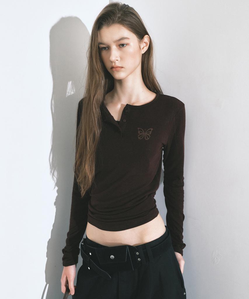 NICK&NICOLE Butterfly Henleyneck Sleeve Top_Brown