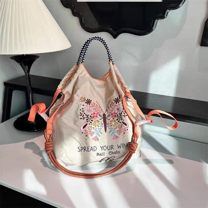 Eco-Friendly Handmade Japanese-Style Embroidered Flower Nylon Tote Bag