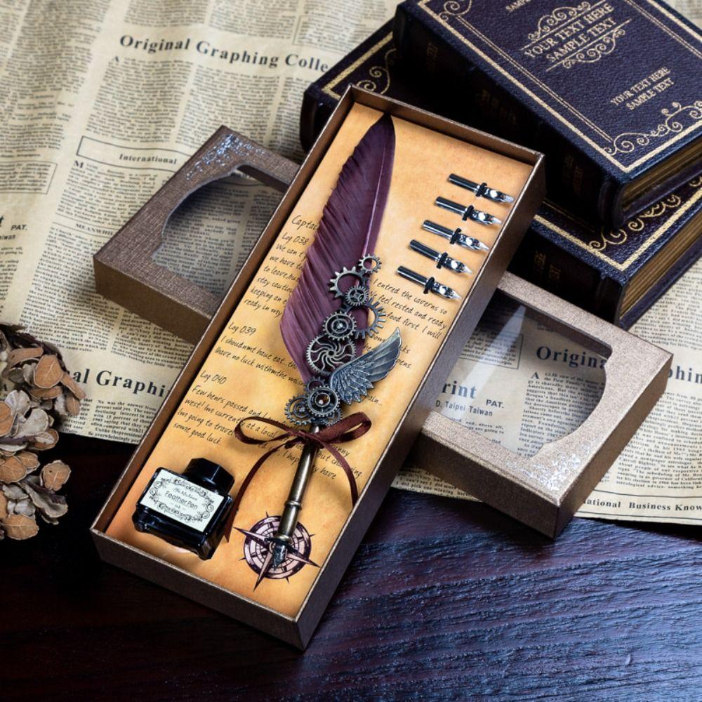 Boxed Dipped ink pen Quill Feather Dip Pen with 5 Nib Set Fountain Pen with Ink Calligraphy Pen