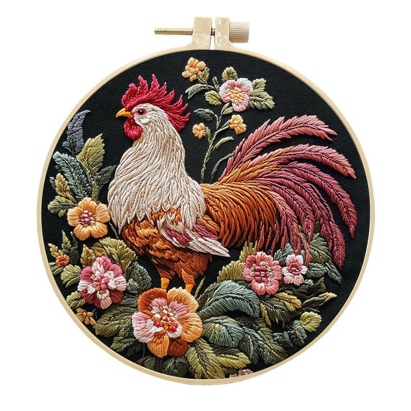 

1pc Rooster and Flower Pattern Embroidery DIY Fabric Craft Kit with Tools 20cm