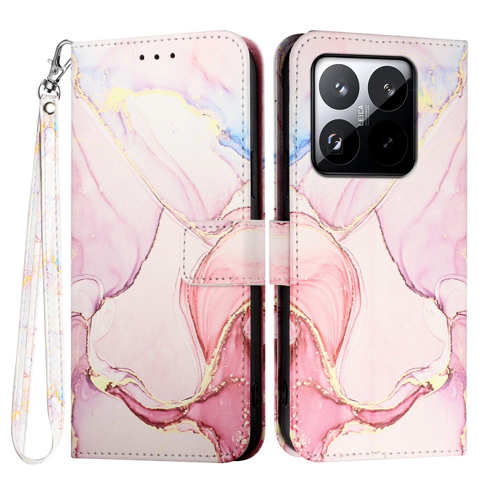 

For Xiaomi 15T Case with Strap Marble Pattern Leather Phone Cover Card Holder Rose Gold LS005