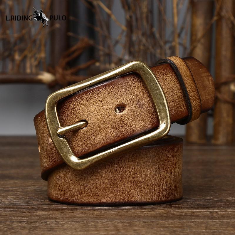 Men's Genuine Leather Belt Retro Distressed Pleated Copper Buckle Korean Style Casual Jeans Belt