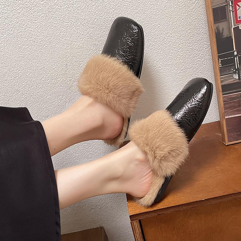 Fashion Aphixta Soft Leather Solid Color Indoor Slipper Furry Warm Women Mule Shoes Flat With Slides Chaussures Femme Zapatos Mujer
