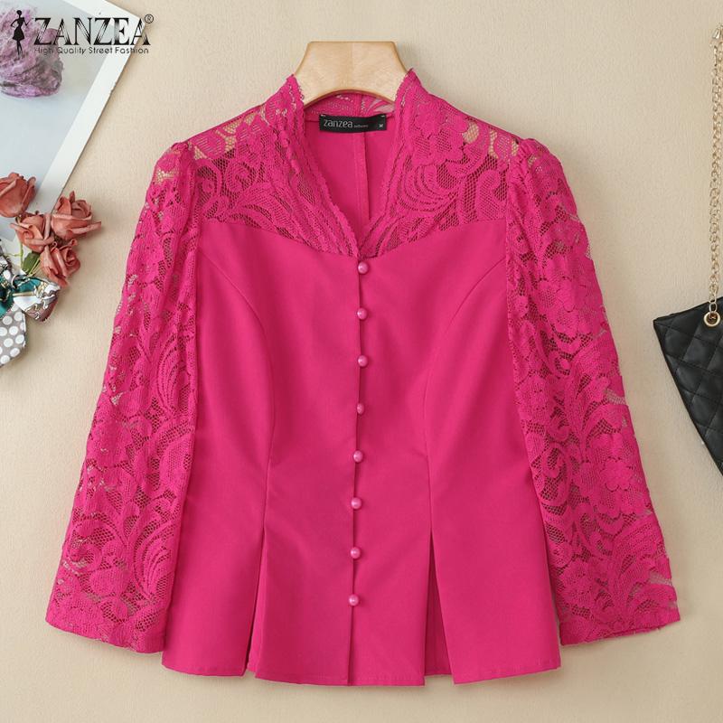 ZANZEA Women Summer V-Neck Lace Splice 3/4 Sleeve Elegant Blouse