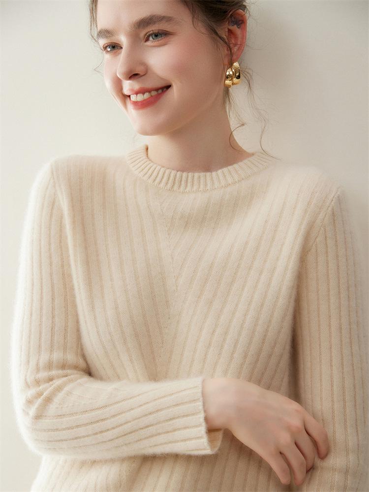 Women's Ribbed Cashmere Crew Neck Pullover Sweater with Long Sleeves