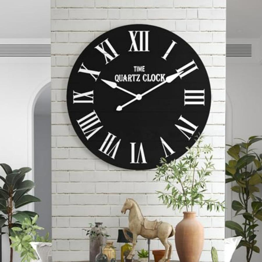 Large Farmhouse Wall Clock 35.5 Shiplap Wall Clock with Roman Numeral Nearly Non-Ticking Round Wall Clocks for Living Room Deco