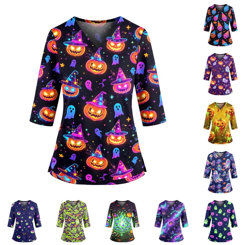 Women's Halloween Print V-Neck Scrub Top with Pockets and Side Slits - Three-Quarter Sleeve Casual Uniform